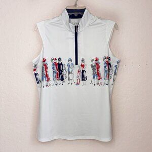 San Soleil Golf Polo Womens Large Retro Women Golfers Graphic White Sleeveless